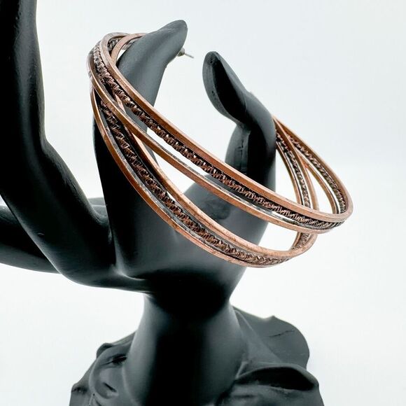 Vintage Large Copper Hoop Earrings Brutalist Statement Filigree Southwestern - Picture 5 of 10